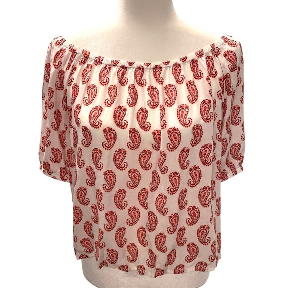 Loft Red White Paisley Blouse Top Off Shoulder Americana Short Sleeve SP - Picture 1 of 7